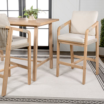Porto Modern Coastal Tub Roped Acacia Wood Outdoor Bar Stool with Cushions and Armrests